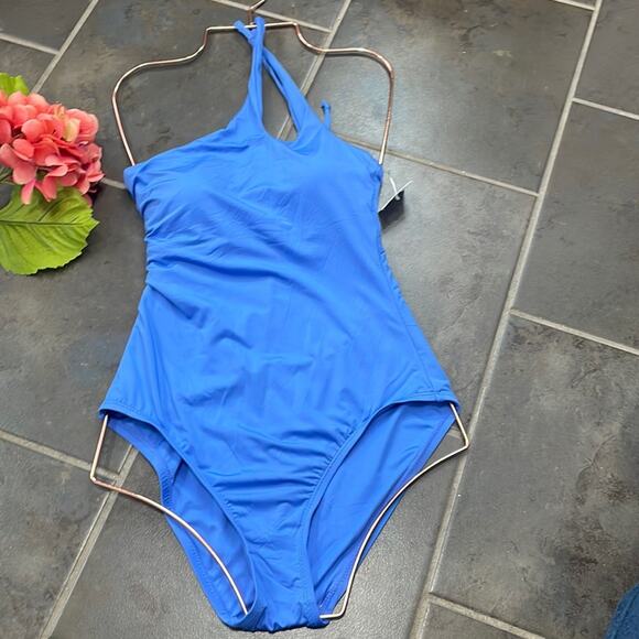 BECCA One Piece Asymmetrical One Shoulder Cut Out Blue Swimsuit Size M New - Picture 2 of 6